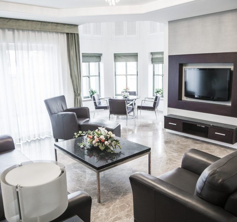 Modern living room with television.